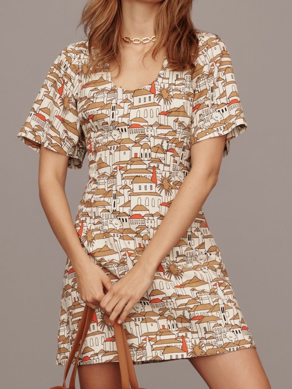 Poridge Scoop Neck Tunic Dress in Beige & Red City Print